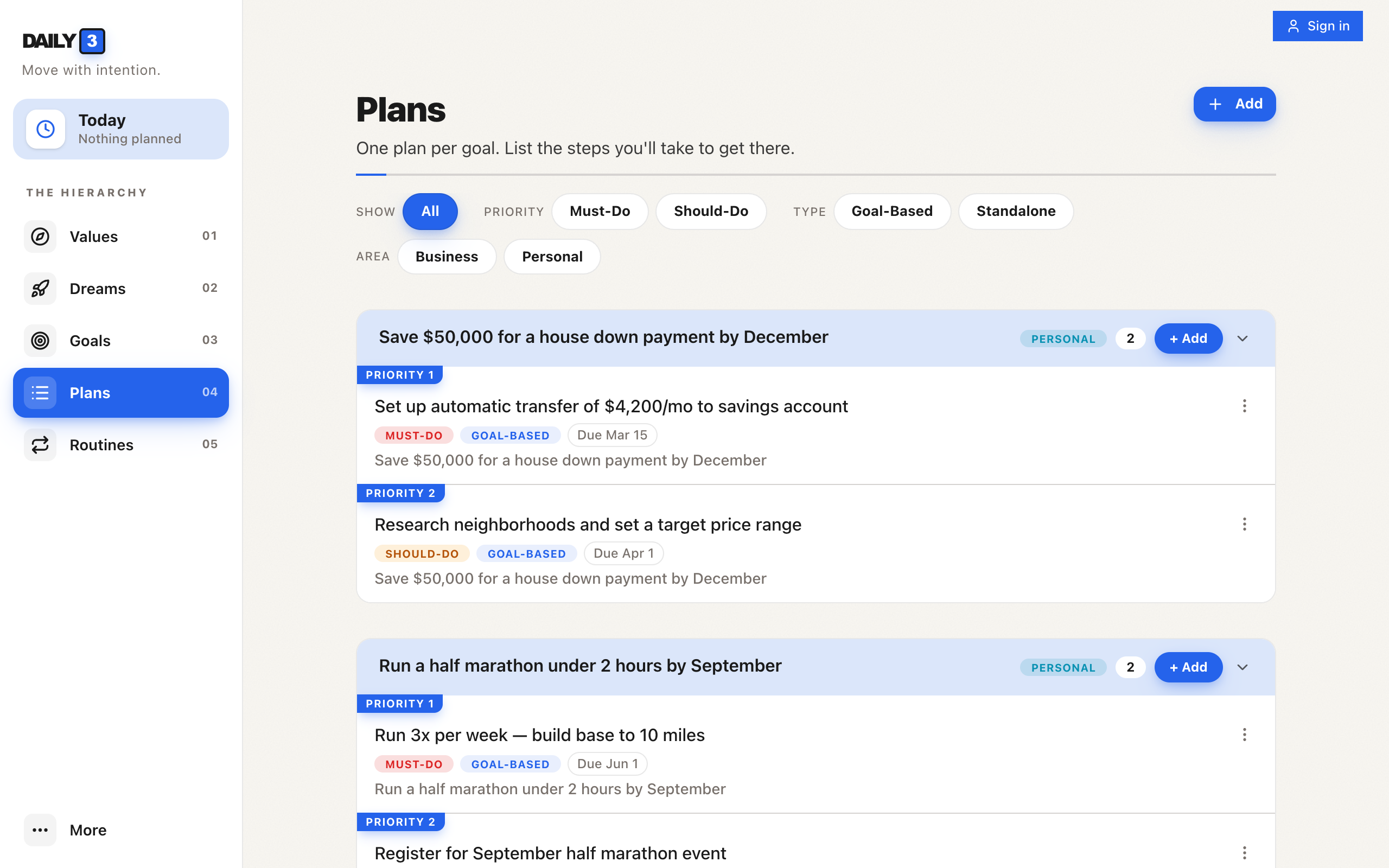 Plans page — step-by-step activities per goal