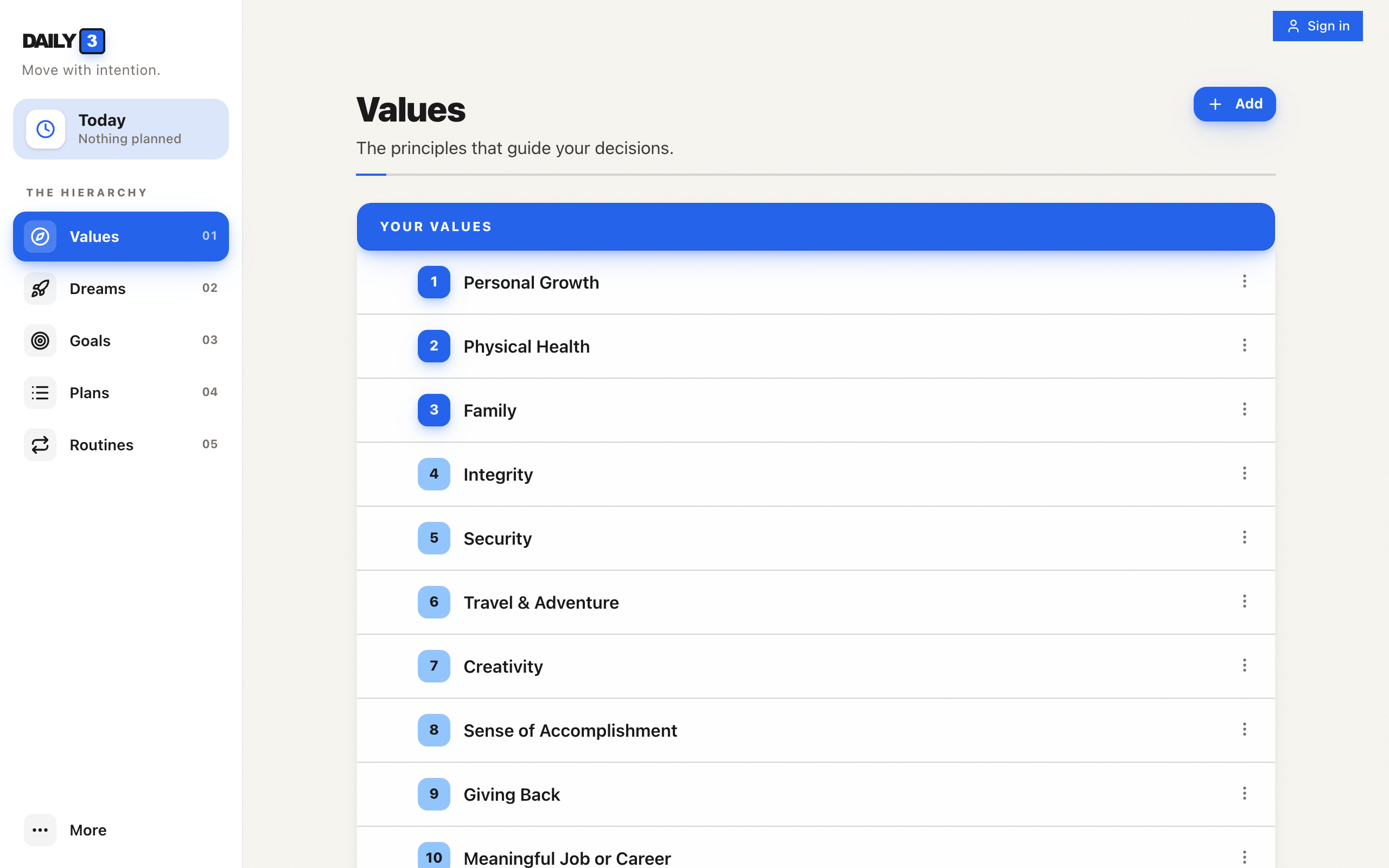 Values page — your top 10 ranked by importance